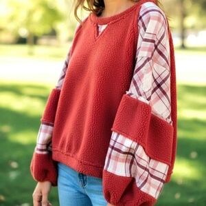 POL Sherpa Red Plaid Balloon Sleeve Sweater